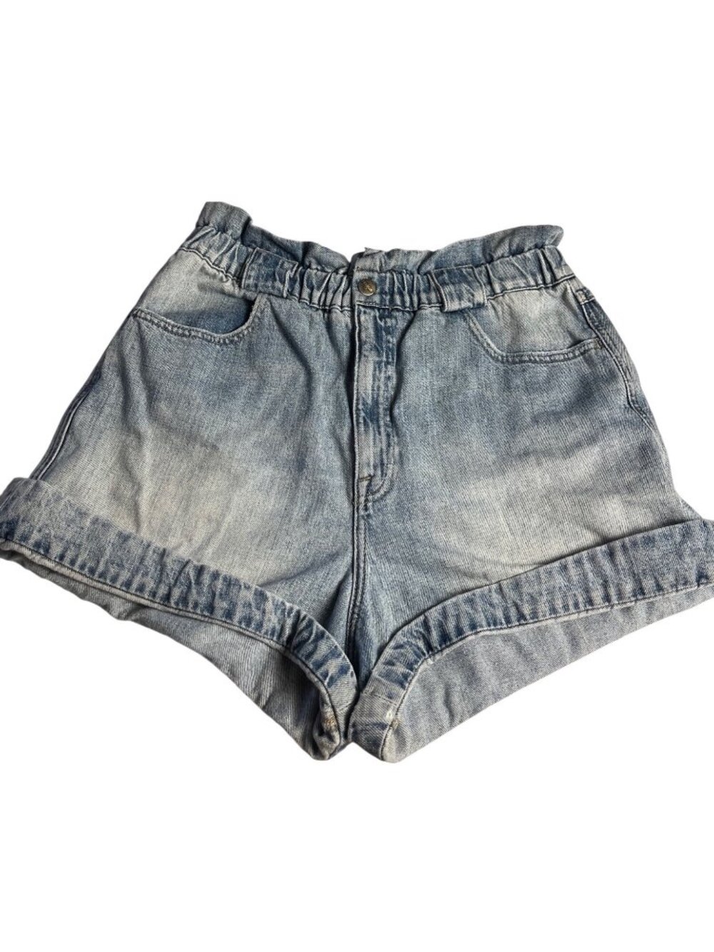 Pistola  Light Wash Paperbag Denim Shorts M High-Waist Cuffed Elastic Waistband
